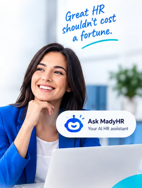 An HR manager at her desk, with a note reading “Great HR shouldn't cost a fortune” and a label for the AI assistant built into the product.