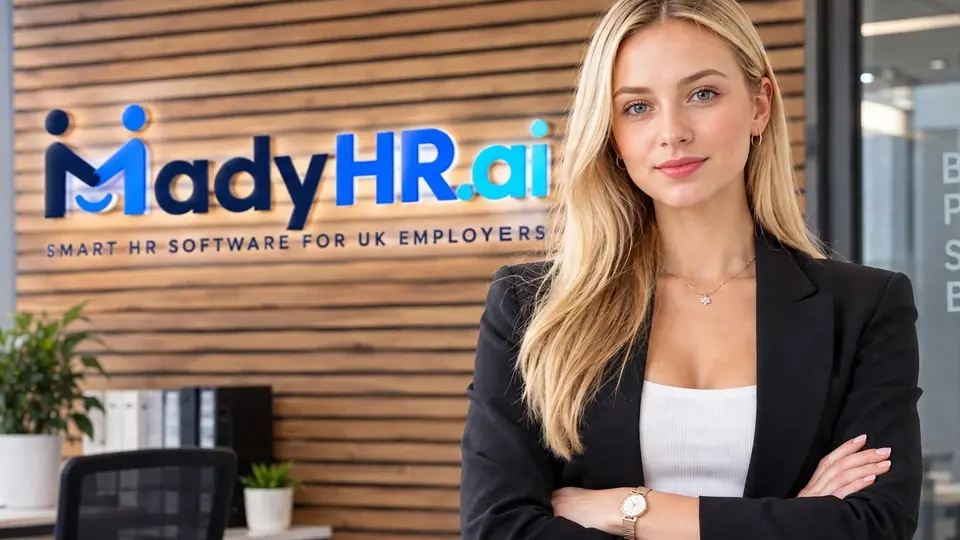 Mady, the AI assistant in MadyHR.ai, in front of the MadyHR.ai logo