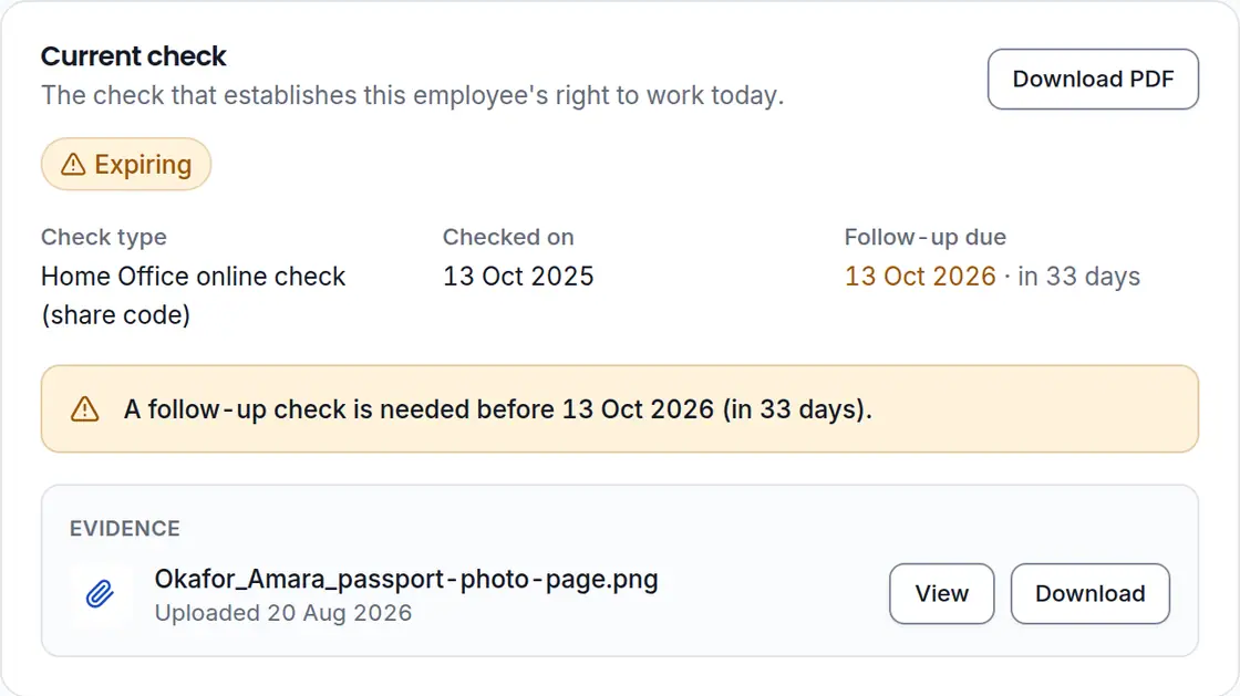 An employee's current Right to Work check in MadyHR: a Home Office online share-code check made on 1 October 2025, marked Expiring, with a follow-up due 1 October 2026 in 21 days, a warning that the follow-up is needed before that date, and the evidence file attached to the record with View and Download buttons.