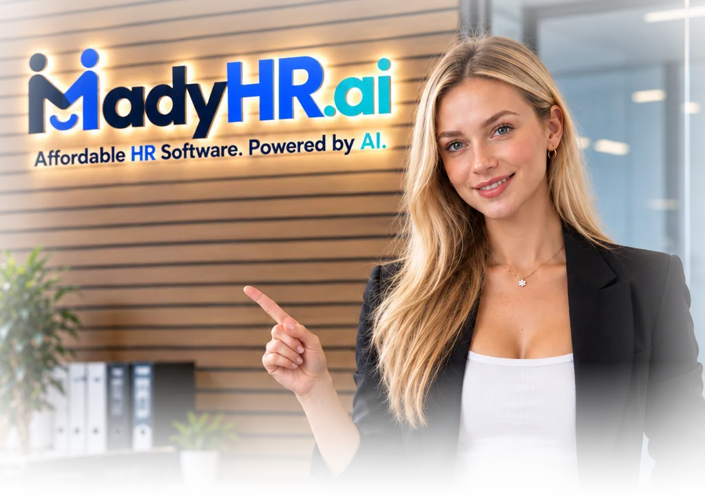 Mady in the MadyHR.ai office, pointing to the MadyHR.ai sign